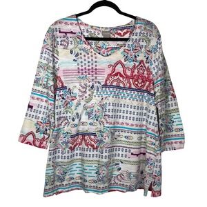 Chico's Womens Patchwork Printed 3/4 Sleeve Blouse Size L Cottagecore Fairy Boho